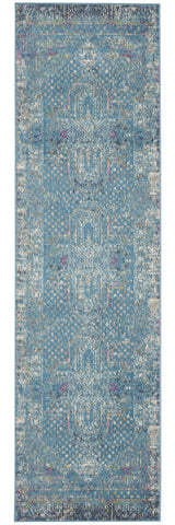 10' Blue And Ivory Southwestern Distressed Runner Rug