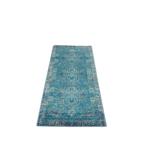 8' Blue And Ivory Southwestern Distressed Runner Rug