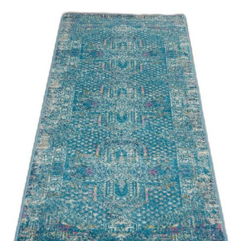 8' Blue And Ivory Southwestern Distressed Runner Rug