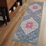 6' Blue And Ivory Medallion Distressed Runner Rug