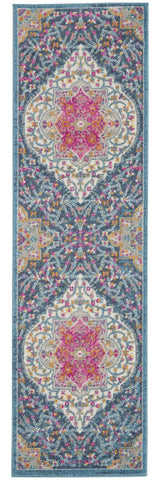 10' Blue And Ivory Medallion Distressed Runner Rug