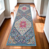 10' Blue And Ivory Medallion Distressed Runner Rug