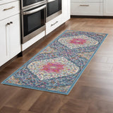 8' Blue And Ivory Medallion Distressed Runner Rug