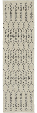 8' Gray And Ivory Geometric Distressed Runner Rug