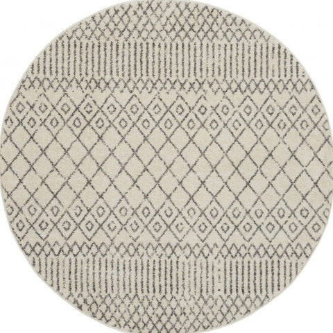 4' Gray And Ivory Geometric Distressed Round Rug