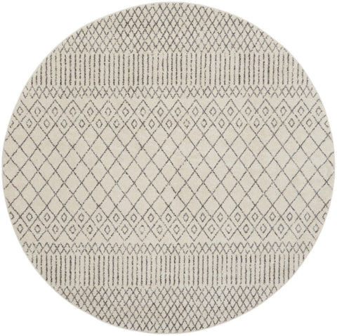 8' Gray And Ivory Geometric Distressed Round Rug