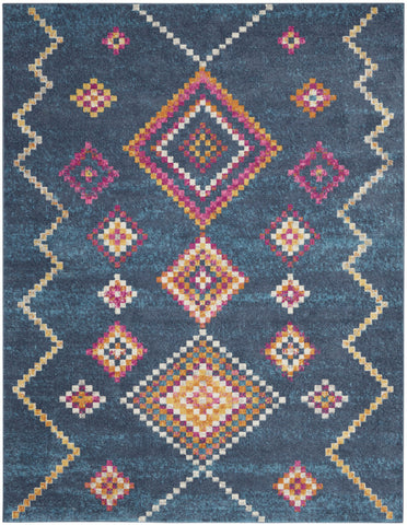 7' X 10' Navy Blue Yellow And Pink Southwestern Distressed Area Rug
