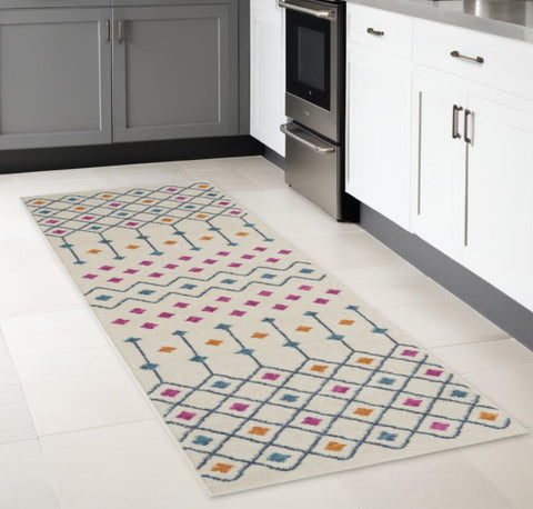 8' Ivory And Blue Geometric Runner Rug