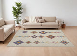 7' X 10' Blue Ivory And Pink Geometric Area Rug