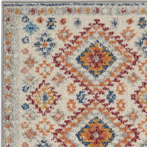 8' Ivory And Blue Geometric Runner Rug