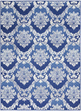 5' X 7' Blue And Ivory Damask Distressed Area Rug