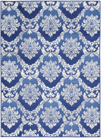 5' X 7' Blue And Ivory Damask Distressed Area Rug