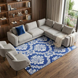 6' X 9' Blue And Ivory Damask Distressed Area Rug