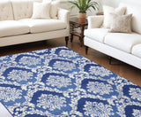 6' X 9' Blue And Ivory Damask Distressed Area Rug