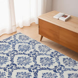 4' X 6' Ivory And Blue Damask Distressed Area Rug