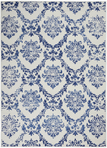 6' X 9' Ivory And Blue Damask Distressed Area Rug
