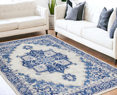 5' X 7' Ivory And Blue Medallion Area Rug