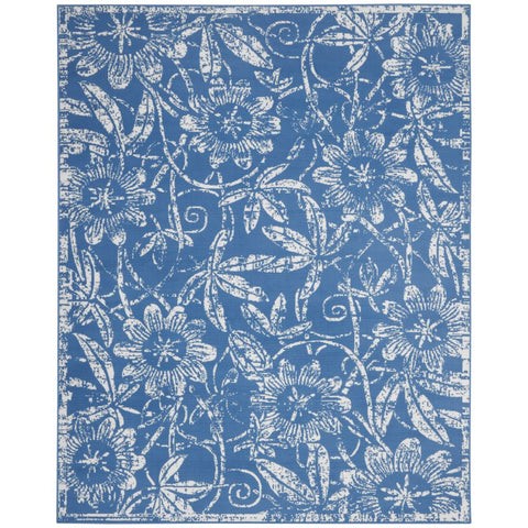 5' X 7' Blue And Ivory Floral Vines Distressed Area Rug