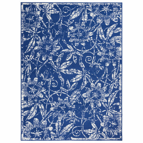 6' X 9' Ivory And Blue Floral Vines Distressed Area Rug