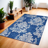 4' X 6' Ivory And Blue Damask Distressed Area Rug