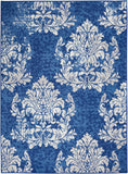 5' X 7' Ivory And Blue Damask Distressed Area Rug