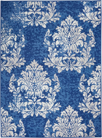 5' X 7' Ivory And Blue Damask Distressed Area Rug