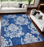 5' X 7' Ivory And Blue Damask Distressed Area Rug