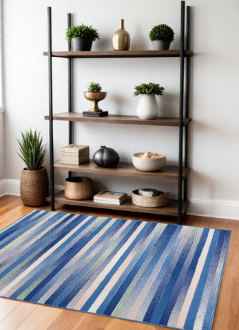 4' X 6' Blue And White Striped Distressed Area Rug