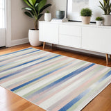 4' X 6' Ivory Blue And Green Striped Distressed Area Rug