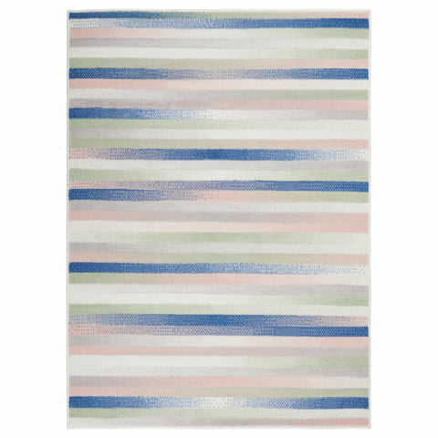 4' X 6' Ivory Blue And Green Striped Distressed Area Rug