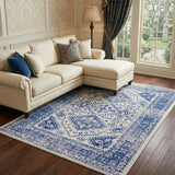 6' X 9' Ivory And Blue Geometric Distressed Area Rug