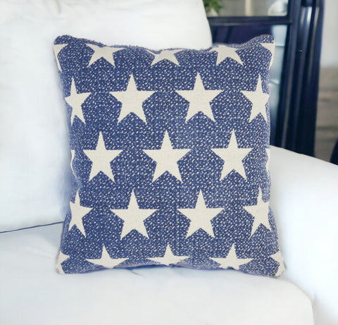 20" Ivory And Navy Blue Stars Cotton Throw Pillow