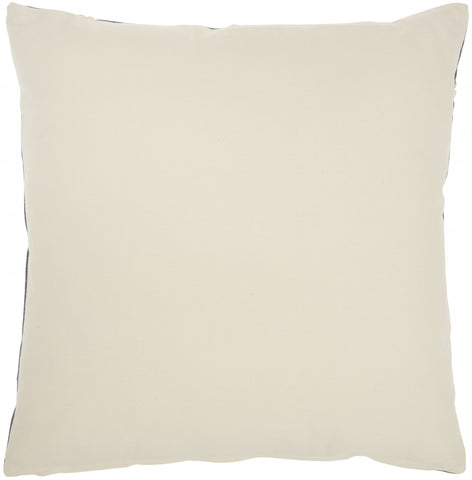 20" Ivory And Navy Blue Geometric Cotton Throw Pillow with Pompoms
