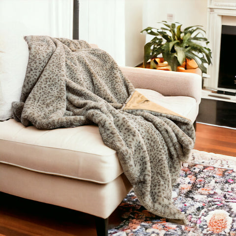 50" X 60" Brown and Taupe Faux Fur Animal Print Plush Throw Blanket