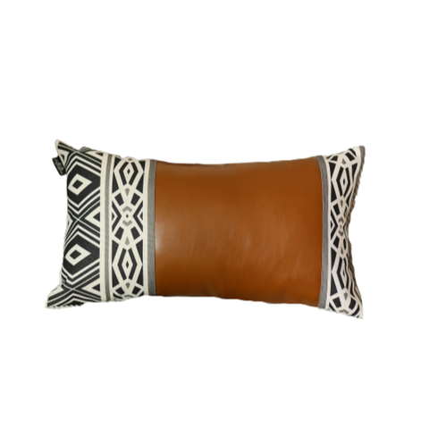 12" X 20" Brown and White Faux Leather Lumbar Throw Pillow Cover