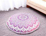 32" Pink and White Round Geometric Floor Pillow Cover With Pompoms