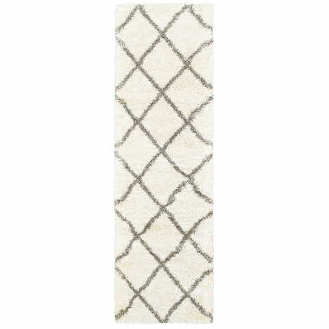 2' X 8' Ivory And Gray Geometric Lattice Runner Rug