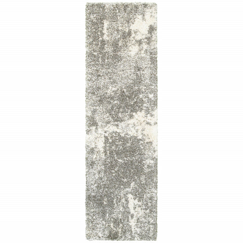 2' X 8' Gray And Ivory Distressed Abstract Runner Rug