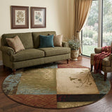 8’ Round Beige And Brown Floral Block Pattern Area Rug