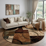8’ Round Brown And Black Abstract Geometric Area Rug