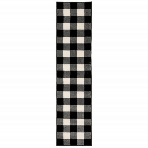 8' Ivory And Black Gingham Runner Rug