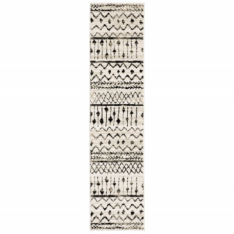 8' Ivory And Black Tribal Runner Rug