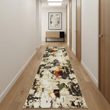 12' Beige Black And Green Abstract Runner Rug