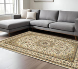 6' X 9' Ivory And Beige Floral Medallion Area Rug