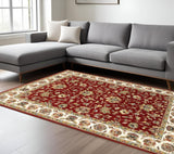 5' X 8' Red and Ivory Oriental Power Loom Area Rug