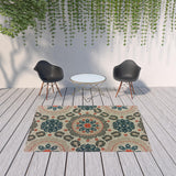 7' X 9' Blue And Gray Damask Indoor Outdoor Area Rug