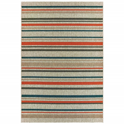 5' X 7' Blue And Gray Striped Indoor Outdoor Area Rug