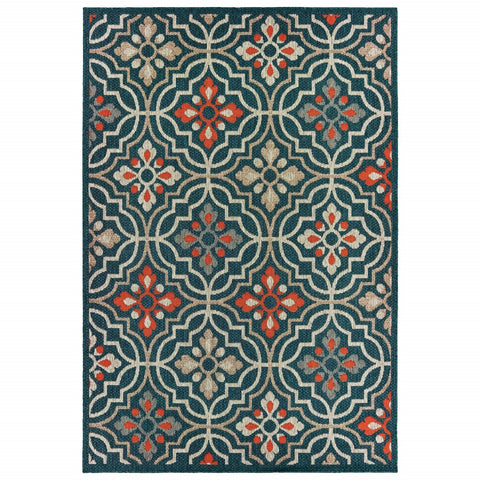 5' X 7' Blue And Orange Moroccan Indoor Outdoor Area Rug