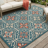 7' X 9' Blue and Orange Moroccan Indoor Outdoor Area Rug