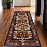 12' Blue And Beige Wool Handmade Runner Rug